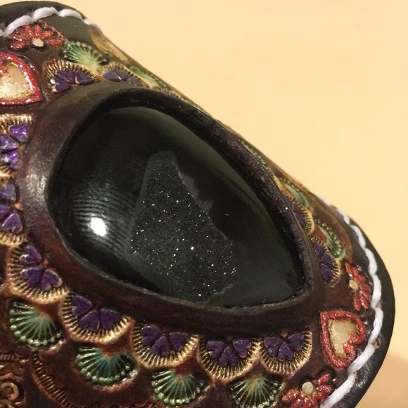 Hand Tooled Leather Bracelet w/ Black Onyx & Druzy Inlay Boho Chic Festival - Picture 7 of 13